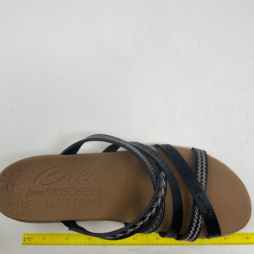 Skechers Cali Womens 9 Black Luxe Foam Wedge Sandals 31714 Strappy Cork Heel - Picture 5 of 8